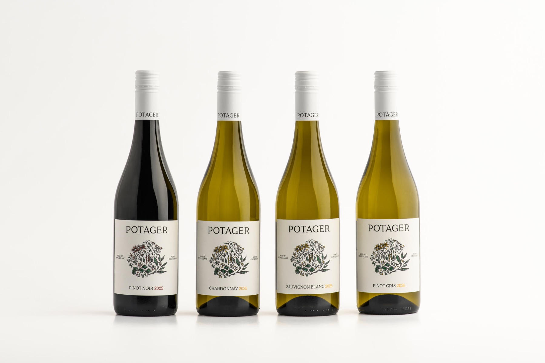 Four Potager North Canterbury wines — Pinot Noir, Chardonnay, Sauvignon Blanc and Pinot Gris
